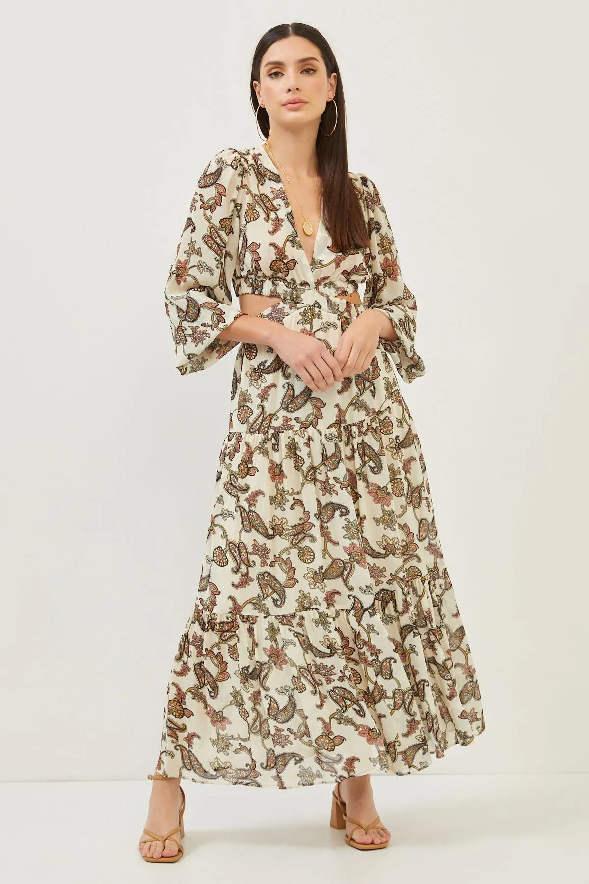 Floral Print Beige Cut Out Detail Maxi Dress