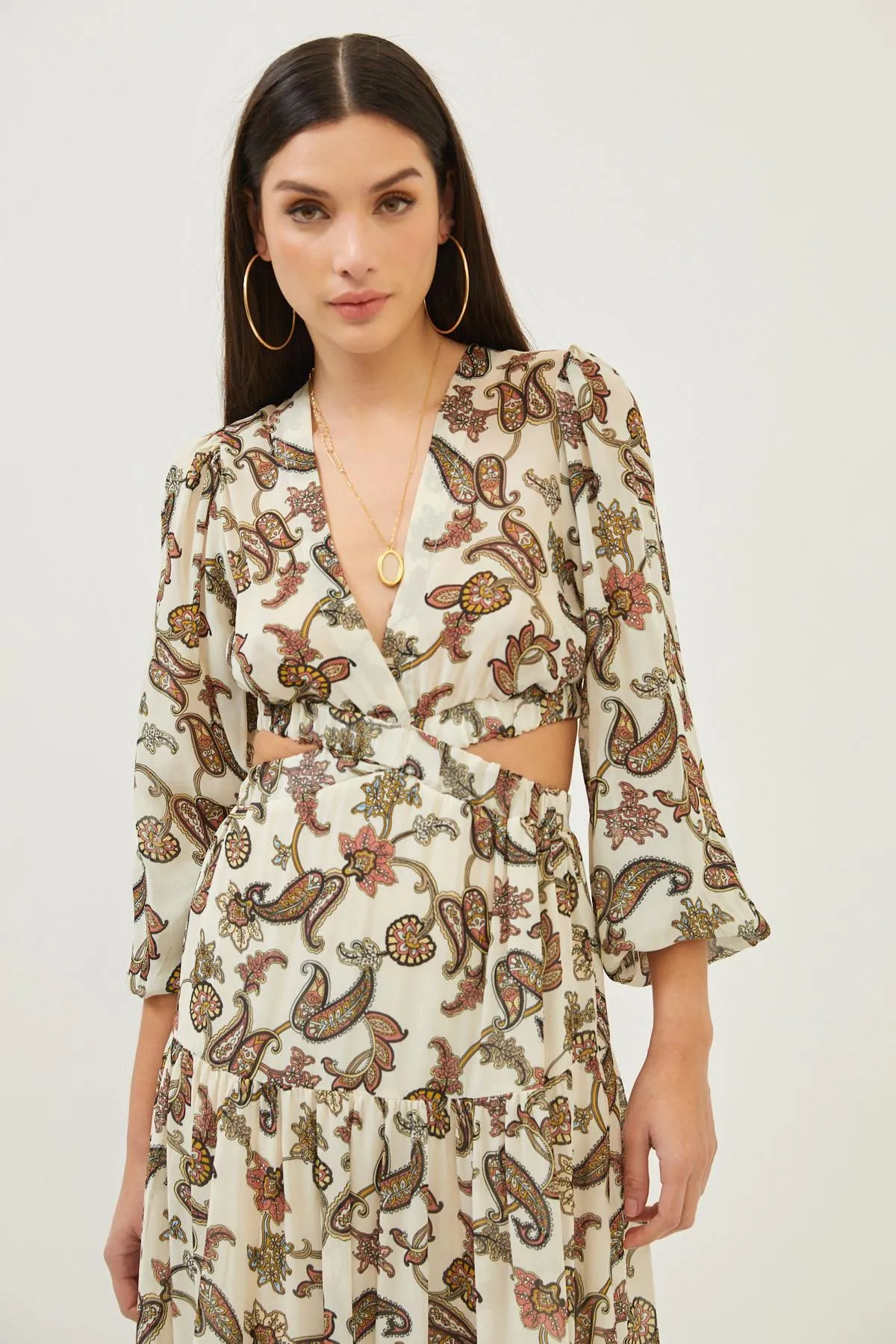 Floral Print Beige Cut Out Detail Maxi Dress