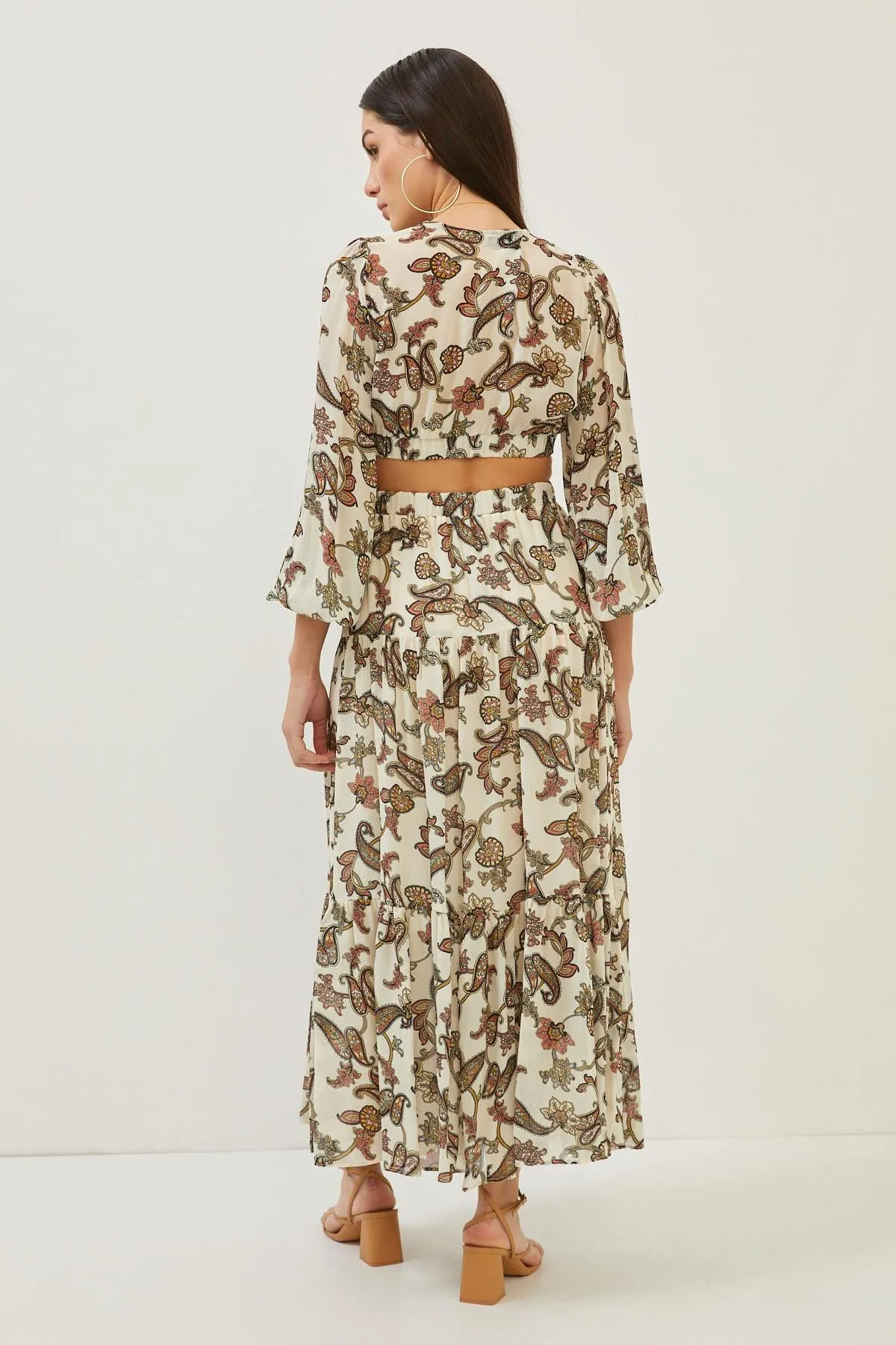 Floral Print Beige Cut Out Detail Maxi Dress