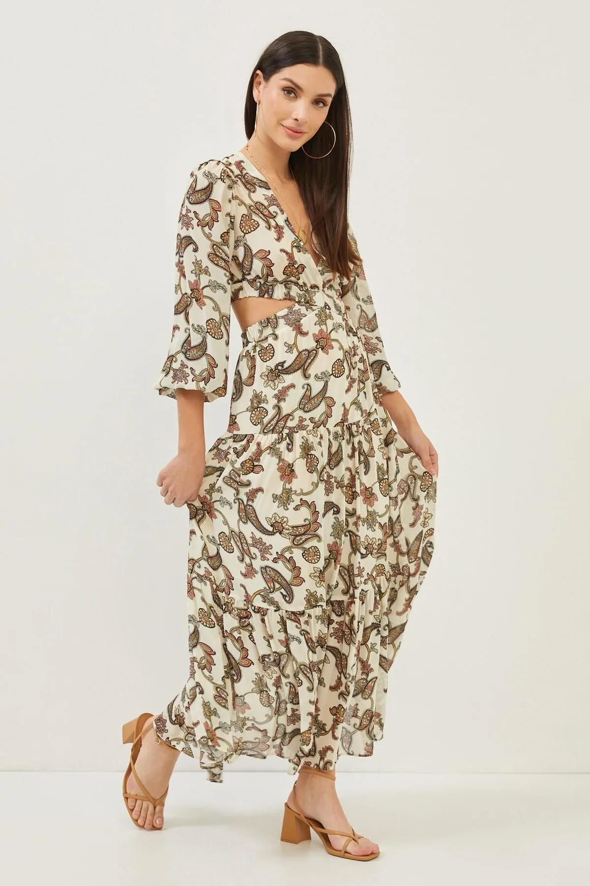 Floral Print Beige Cut Out Detail Maxi Dress