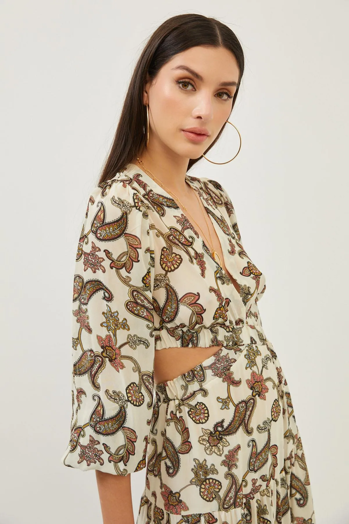 Floral Print Beige Cut Out Detail Maxi Dress