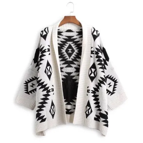 Medium length diamond jacquard cardigan sweater coat