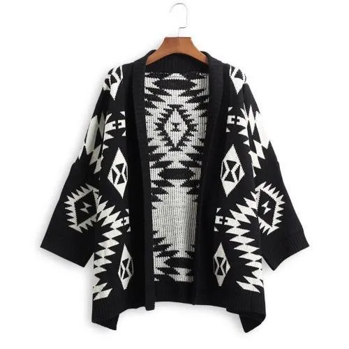 Medium length diamond jacquard cardigan sweater coat