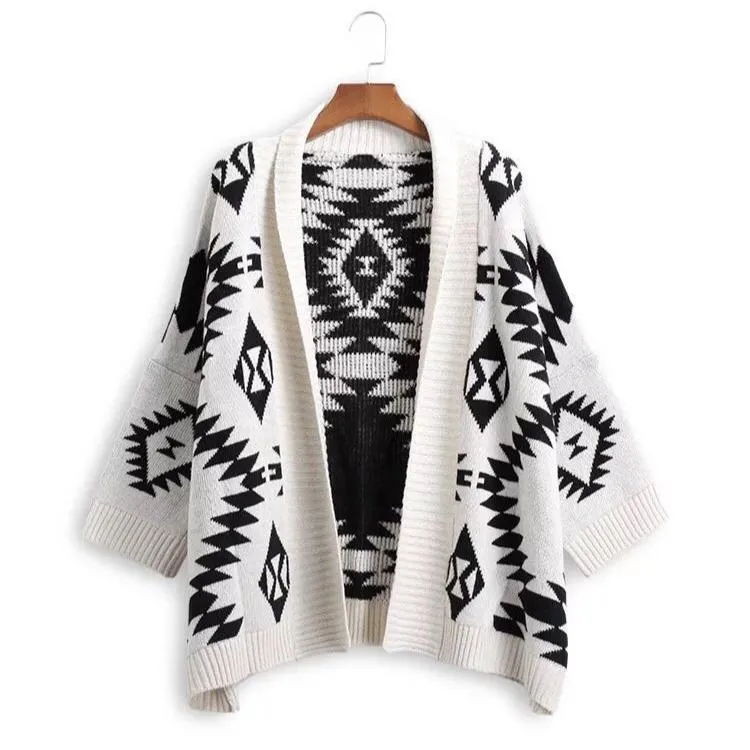 Medium length diamond jacquard cardigan sweater coat