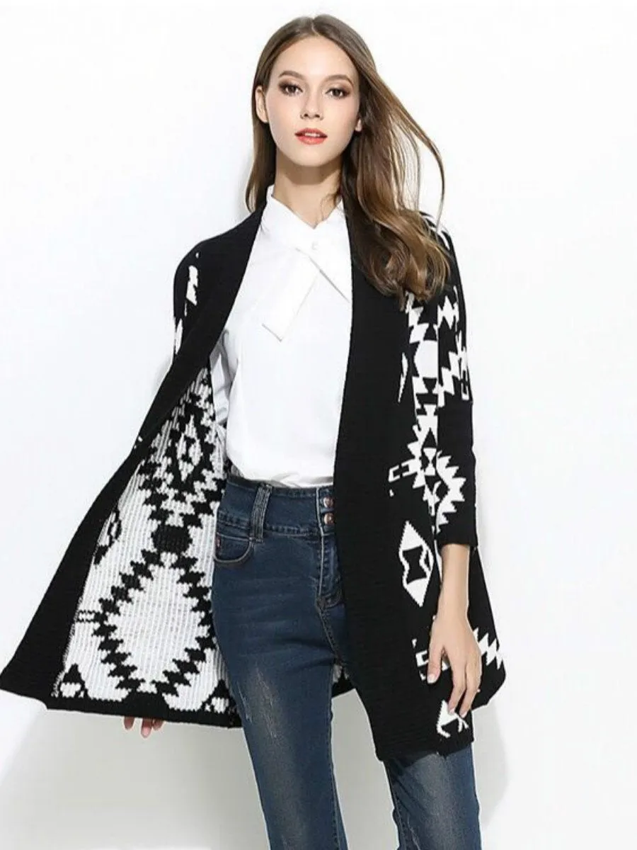 Medium length diamond jacquard cardigan sweater coat