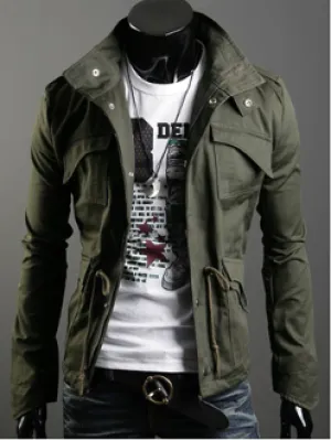Mens Green Stand Up Collar Short Parka