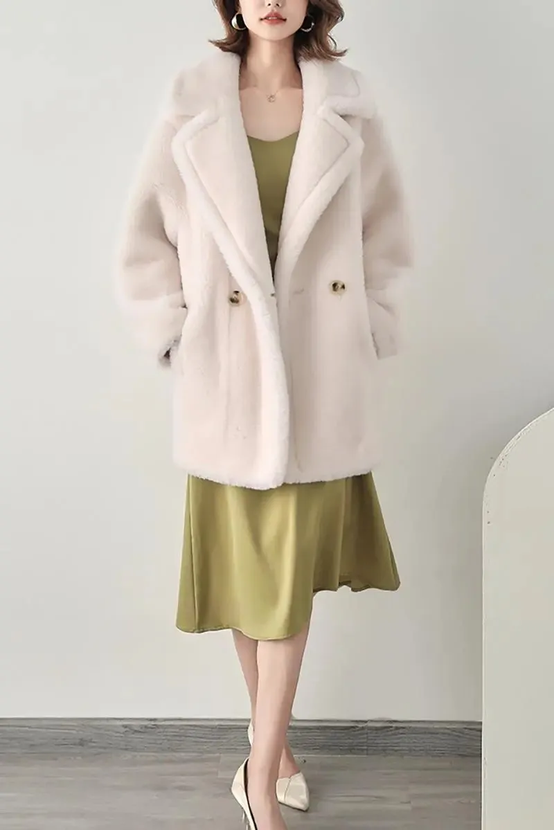 Mid-length Teddy-style Shearling Coat With Lapel Collar