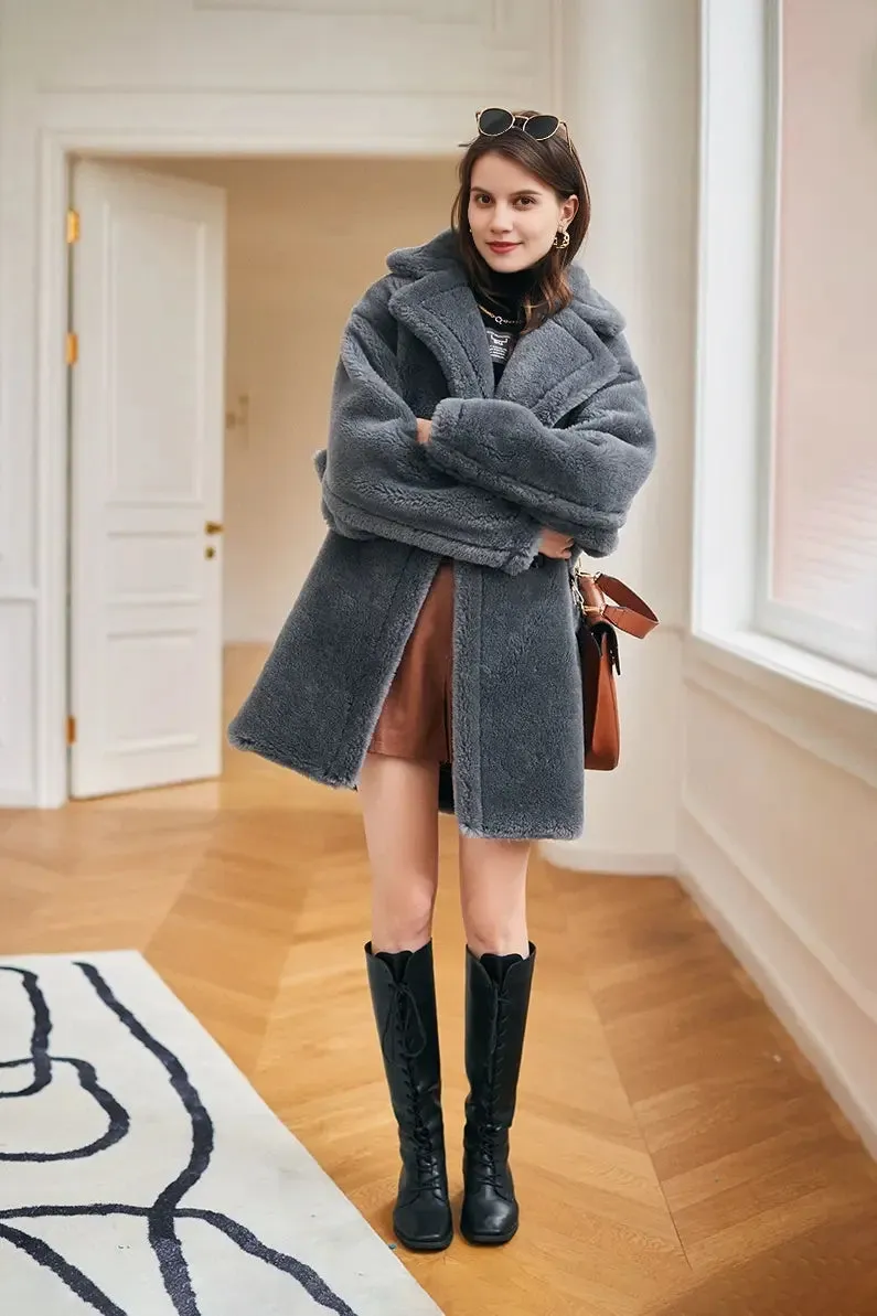 Mid-length Teddy-style Shearling Coat With Lapel Collar