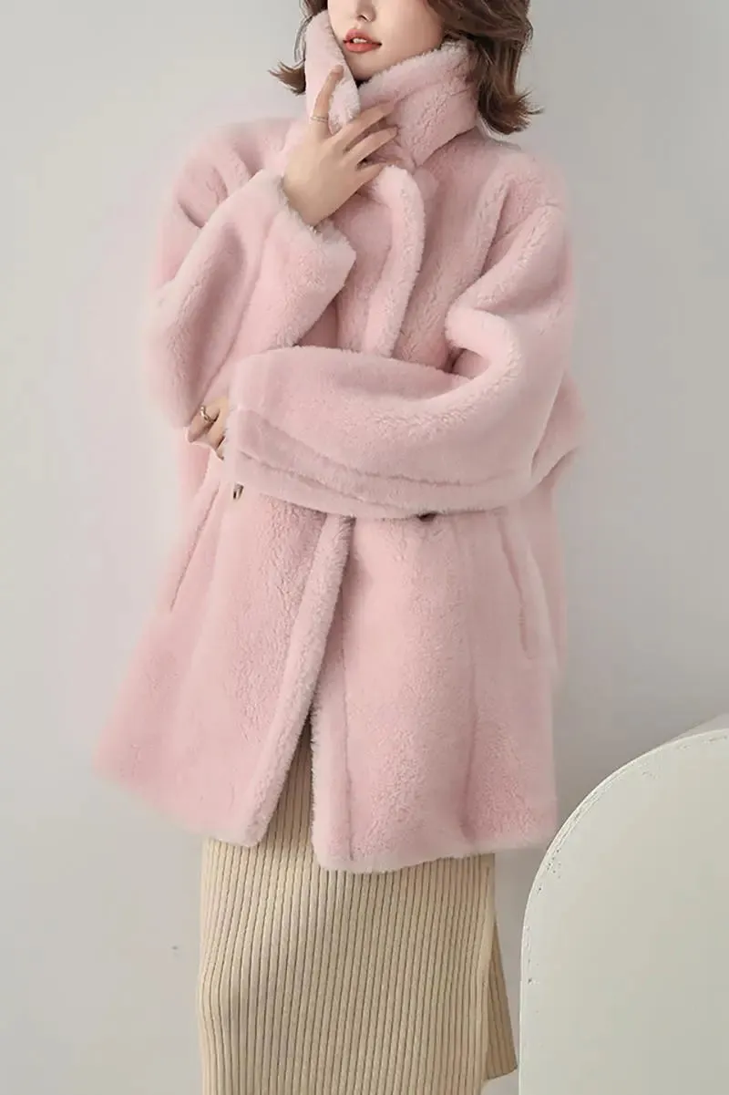 Mid-length Teddy-style Shearling Coat With Lapel Collar