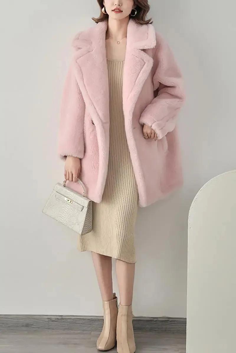 Mid-length Teddy-style Shearling Coat With Lapel Collar