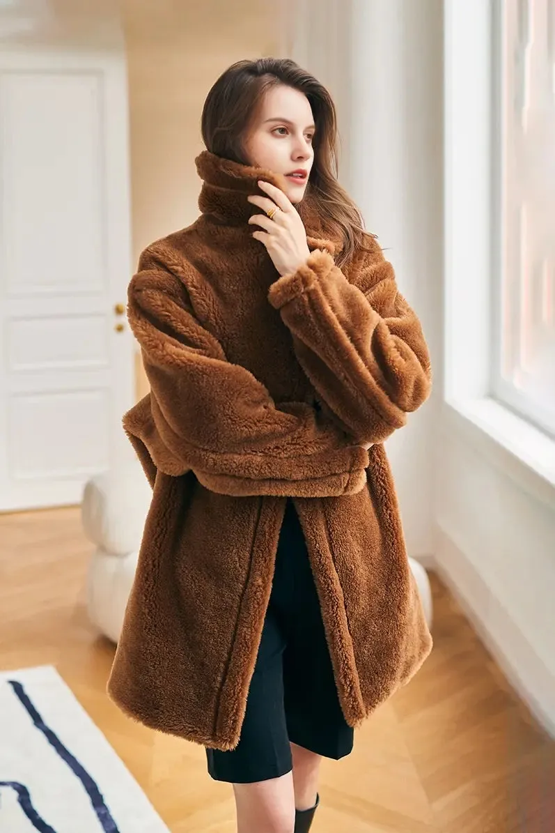 Mid-length Teddy-style Shearling Coat With Lapel Collar