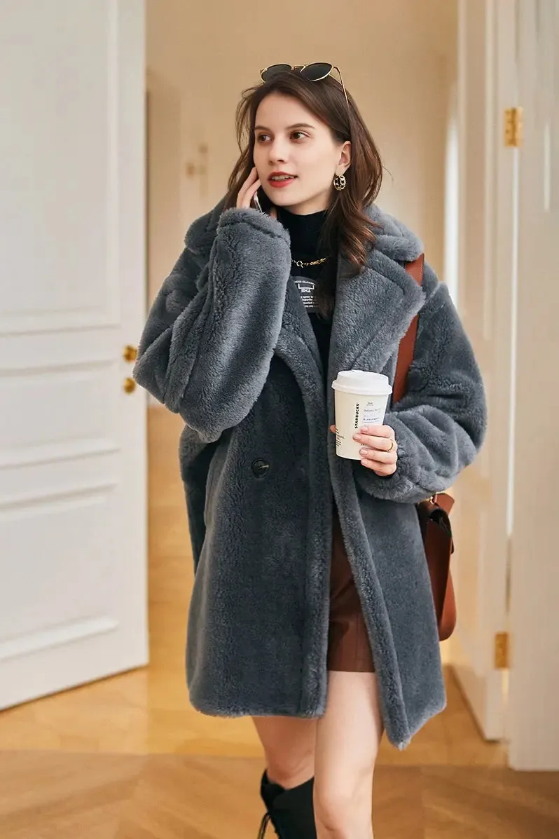 Mid-length Teddy-style Shearling Coat With Lapel Collar