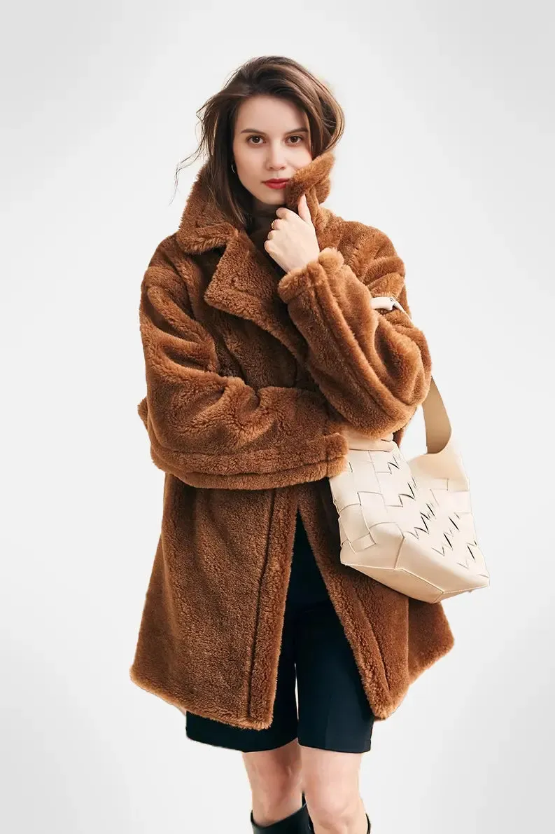Mid-length Teddy-style Shearling Coat With Lapel Collar