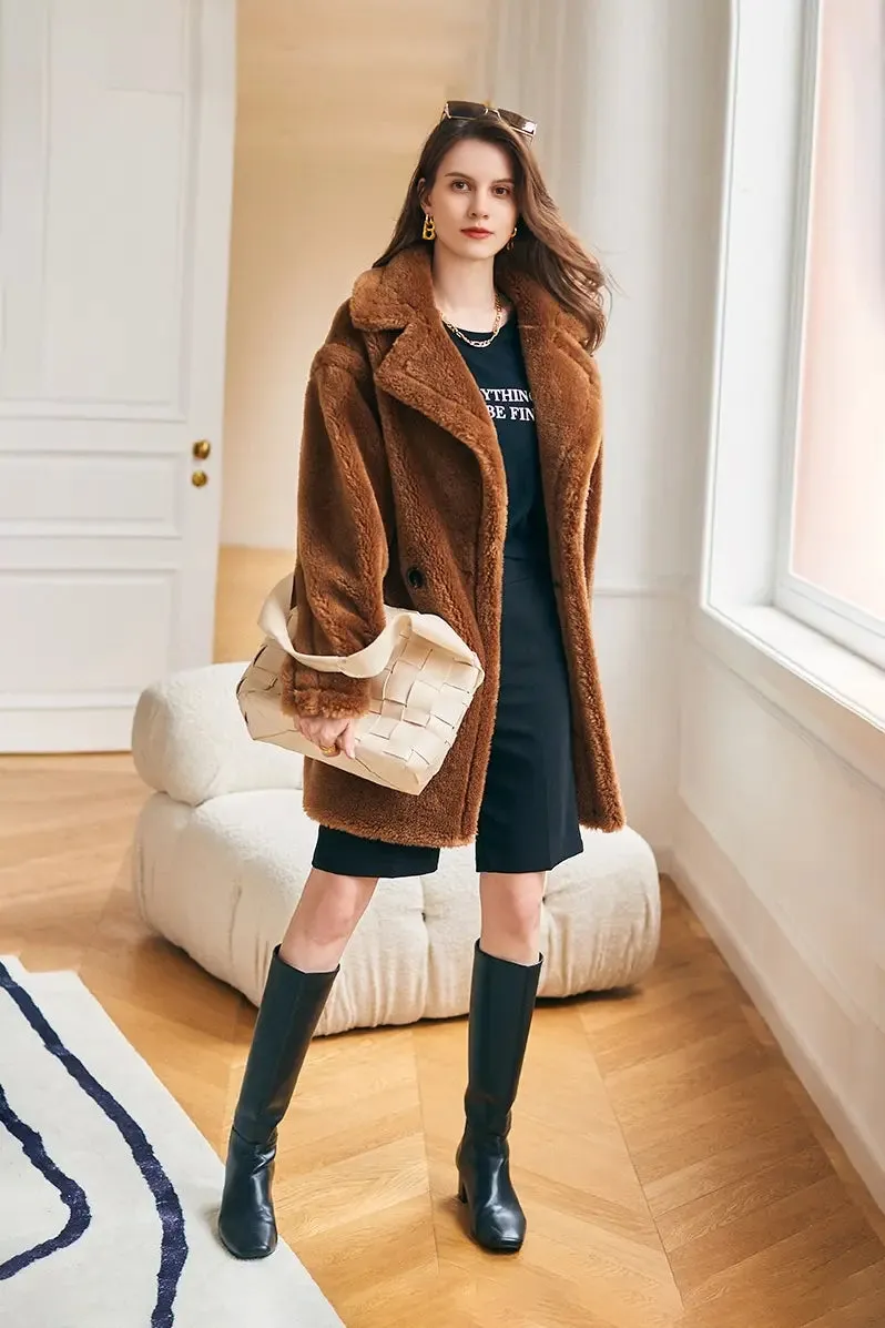 Mid-length Teddy-style Shearling Coat With Lapel Collar