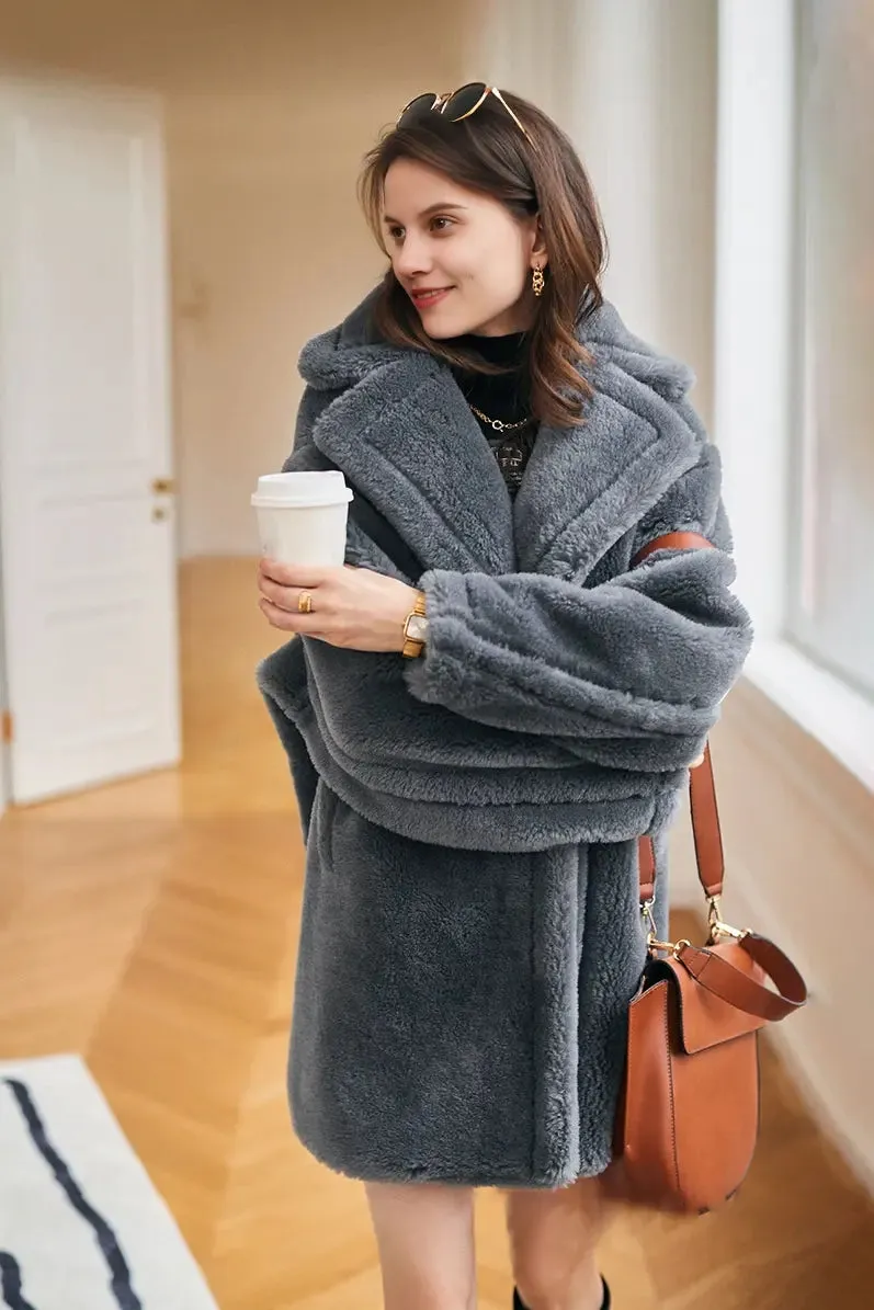Mid-length Teddy-style Shearling Coat With Lapel Collar