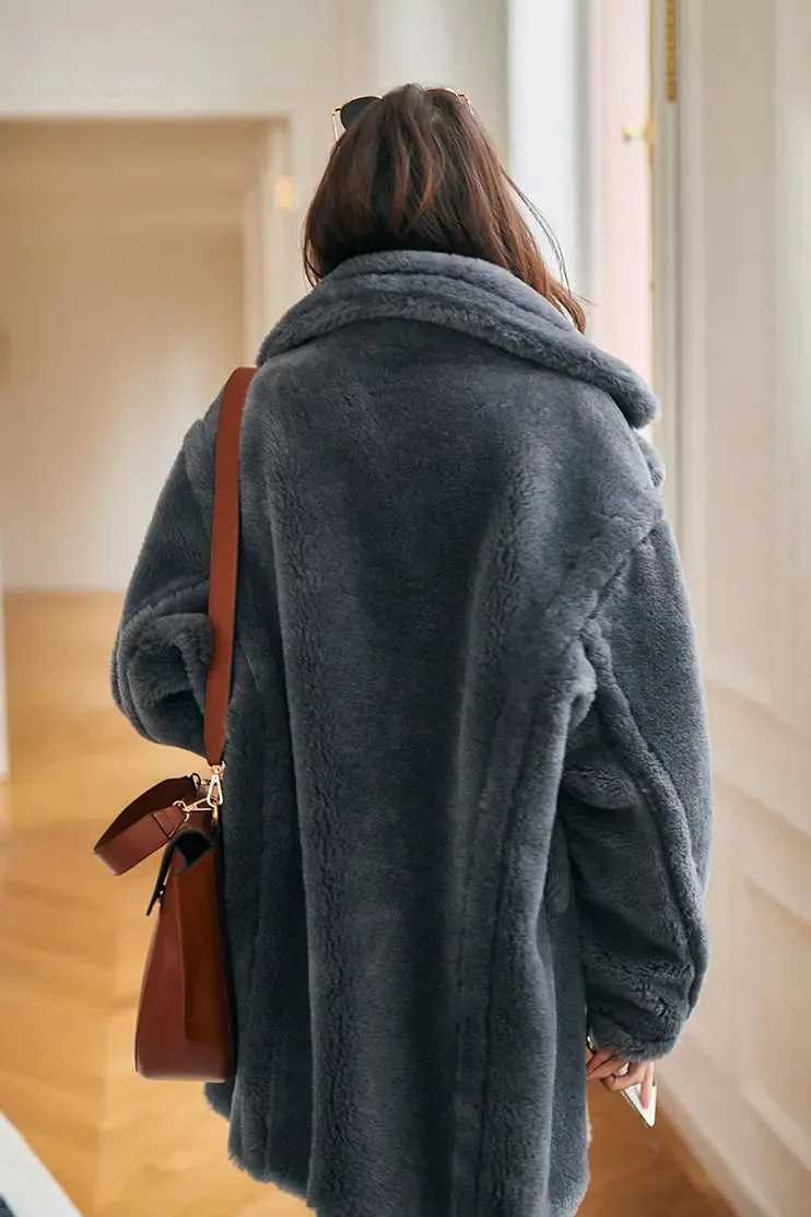 Mid-length Teddy-style Shearling Coat With Lapel Collar