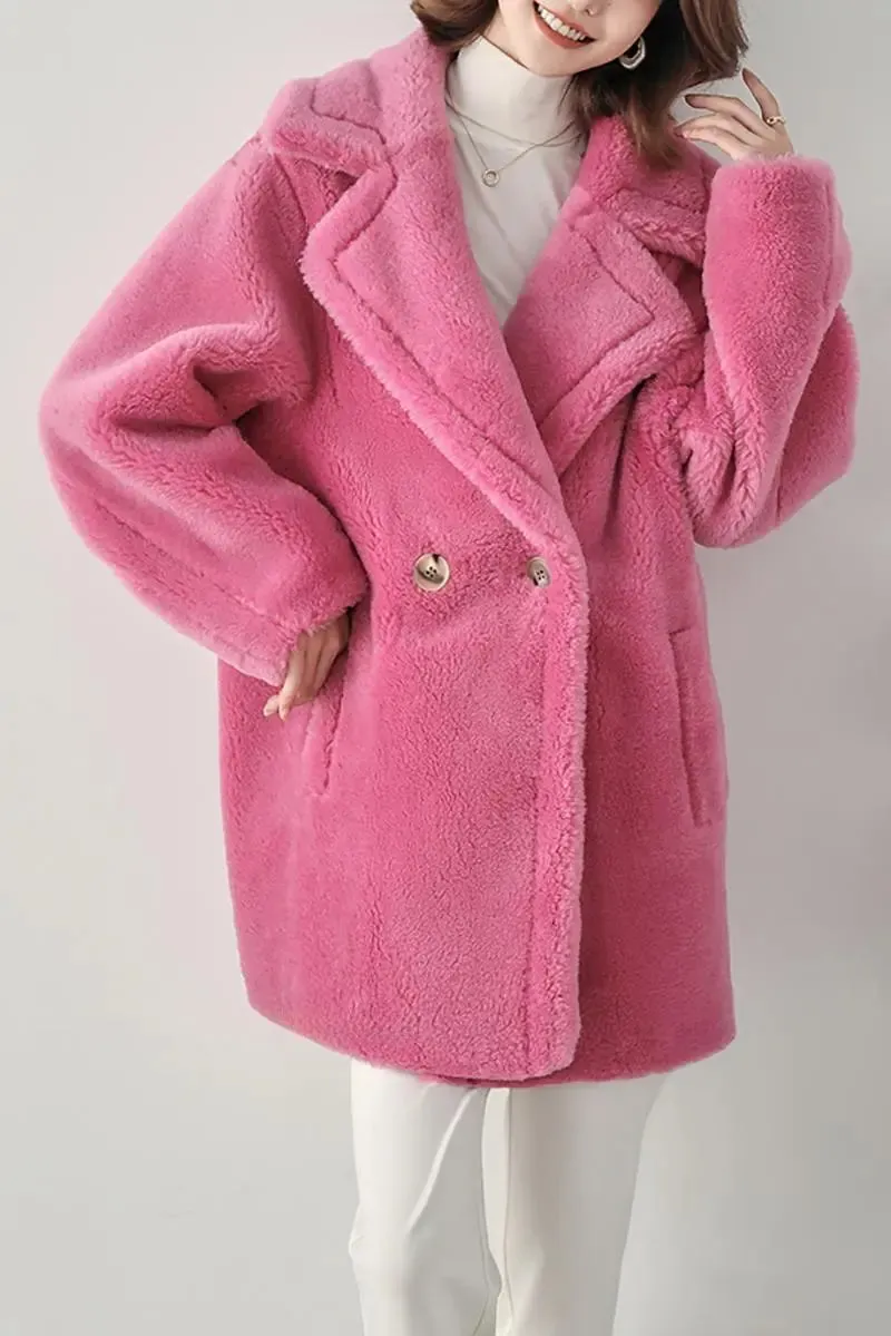 Mid-length Teddy-style Shearling Coat With Lapel Collar