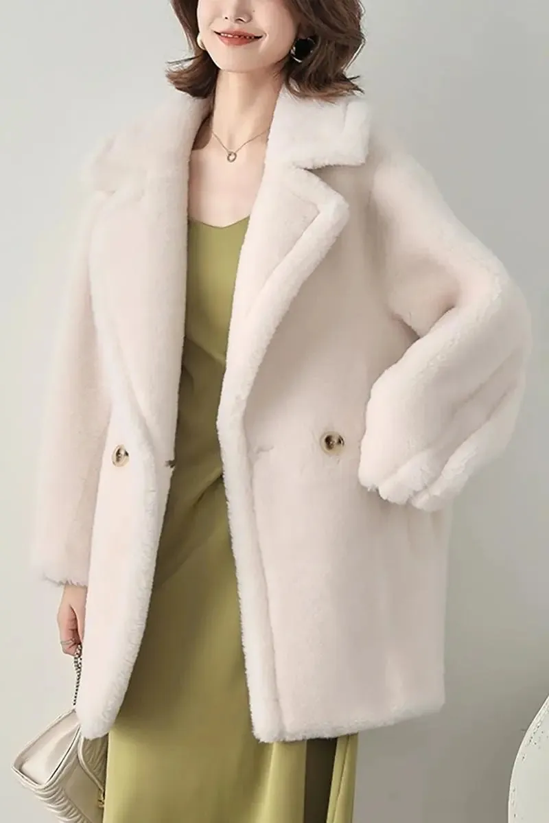 Mid-length Teddy-style Shearling Coat With Lapel Collar