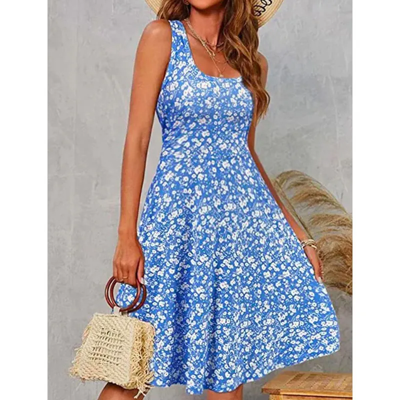 Sleeveless Pullover Round Neck Mid Length Printed Dress