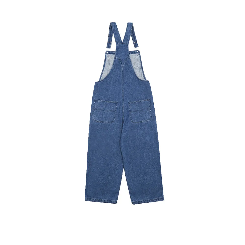 SMILEY BADGE PRINT DENIM CASUAL WIDE-LEG SUSPENDERS