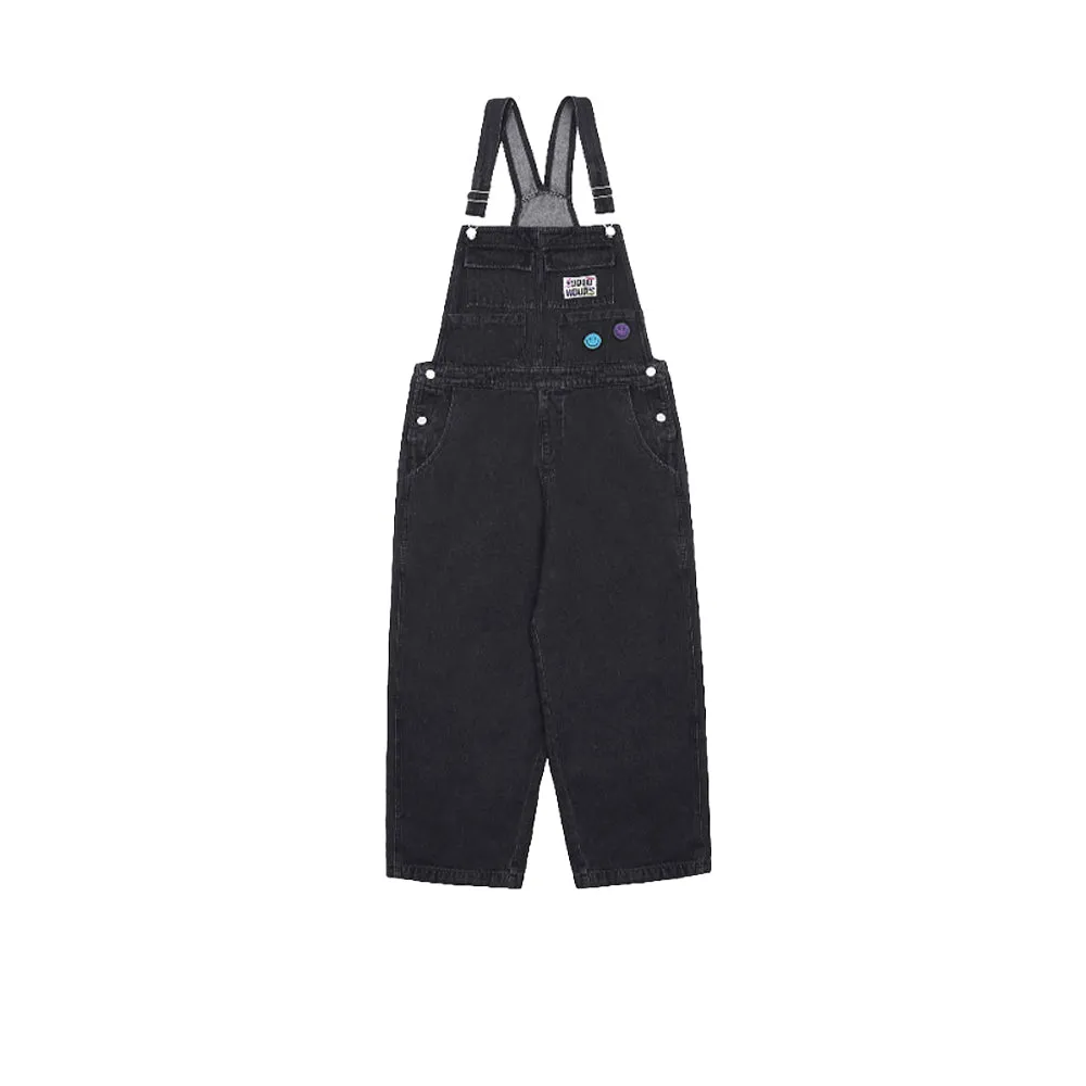 SMILEY BADGE PRINT DENIM CASUAL WIDE-LEG SUSPENDERS