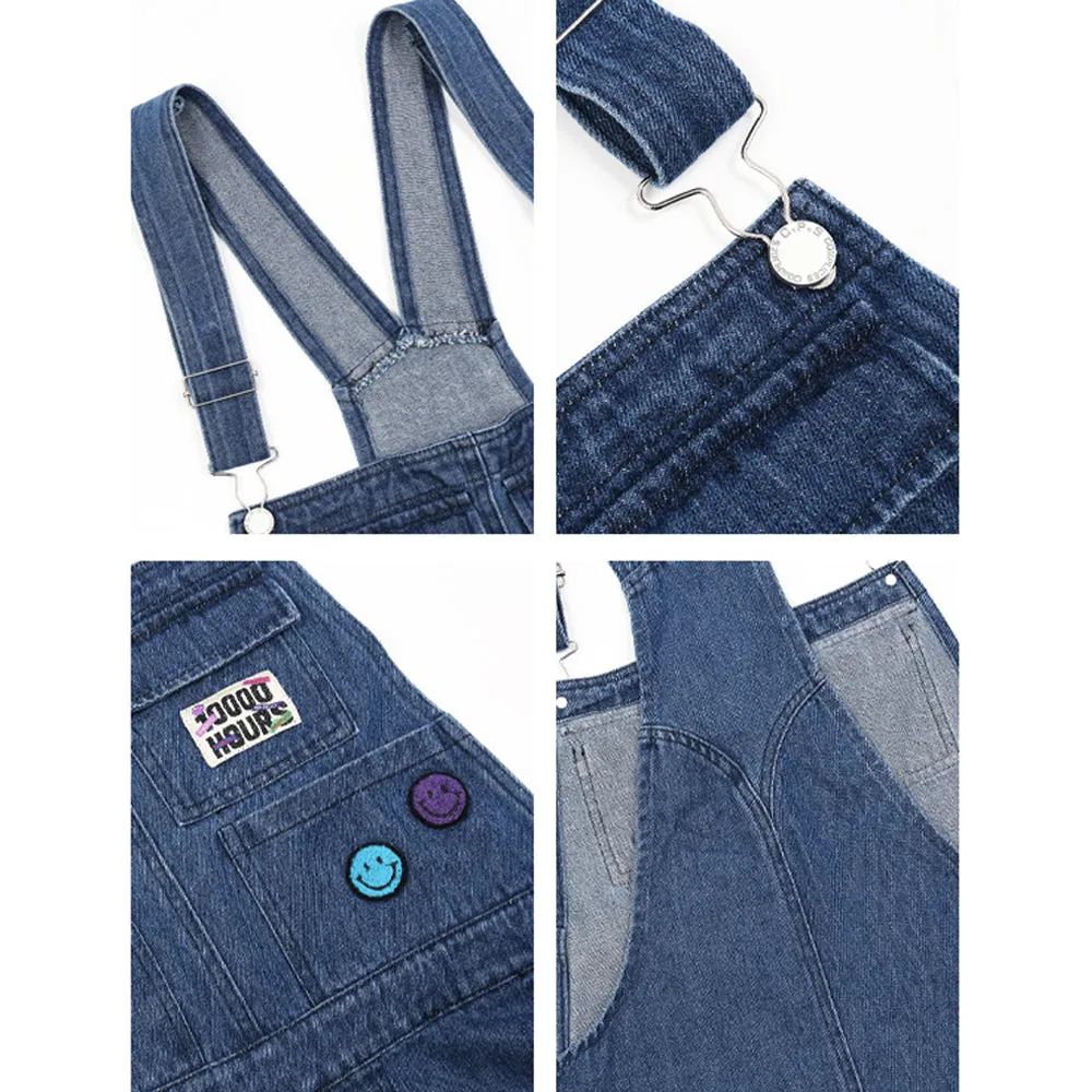 SMILEY BADGE PRINT DENIM CASUAL WIDE-LEG SUSPENDERS