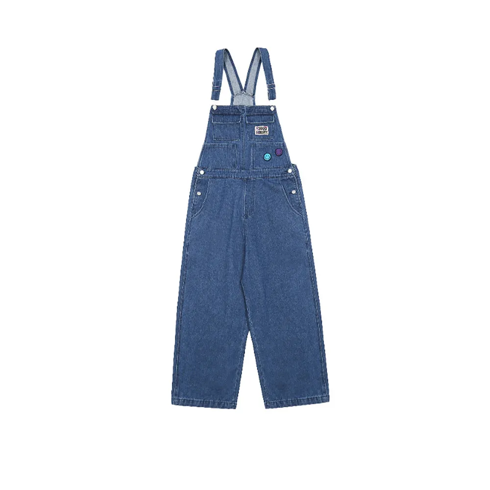 SMILEY BADGE PRINT DENIM CASUAL WIDE-LEG SUSPENDERS