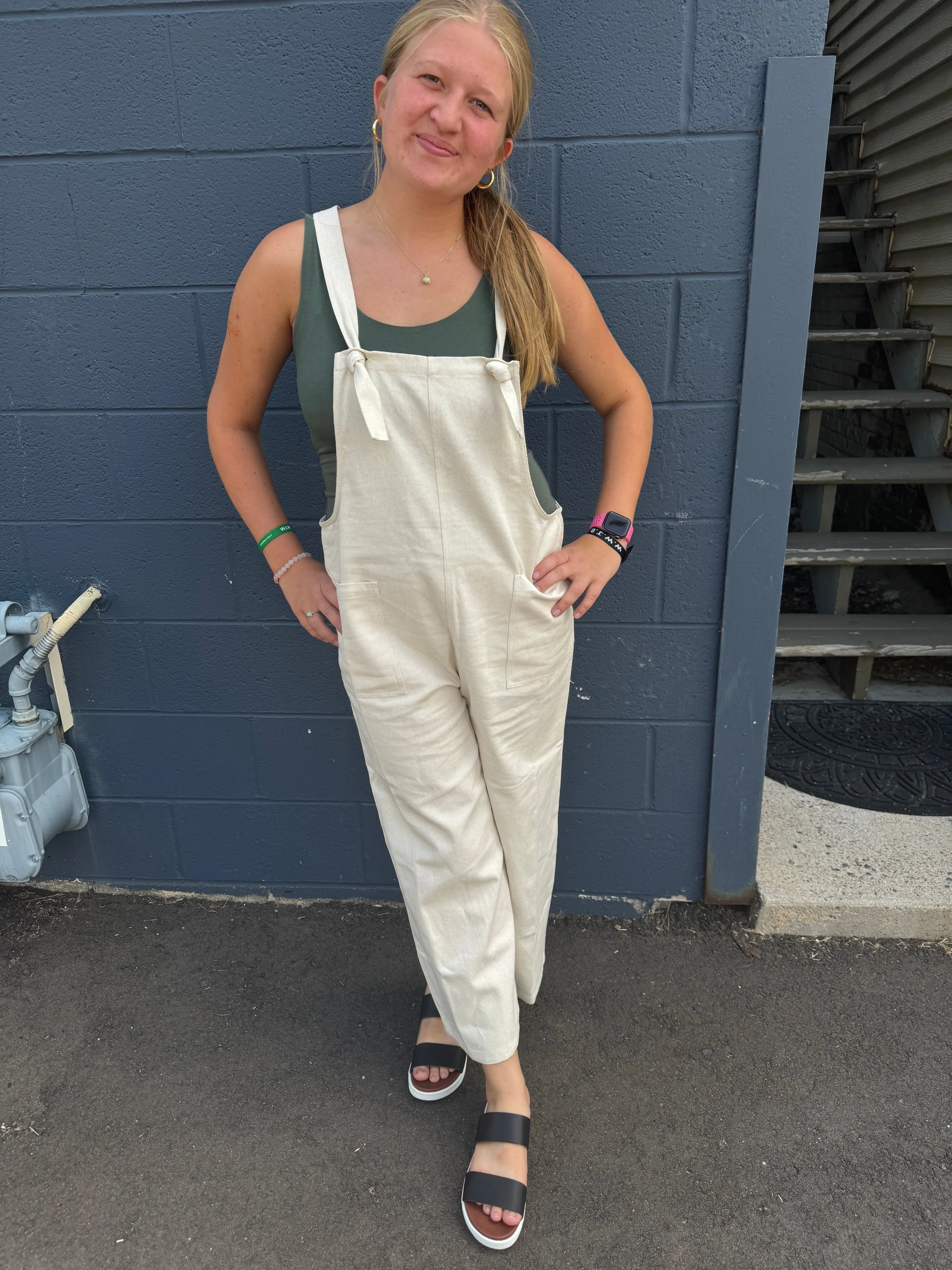 Tie Shoulder Strap Patch Pocket Overalls