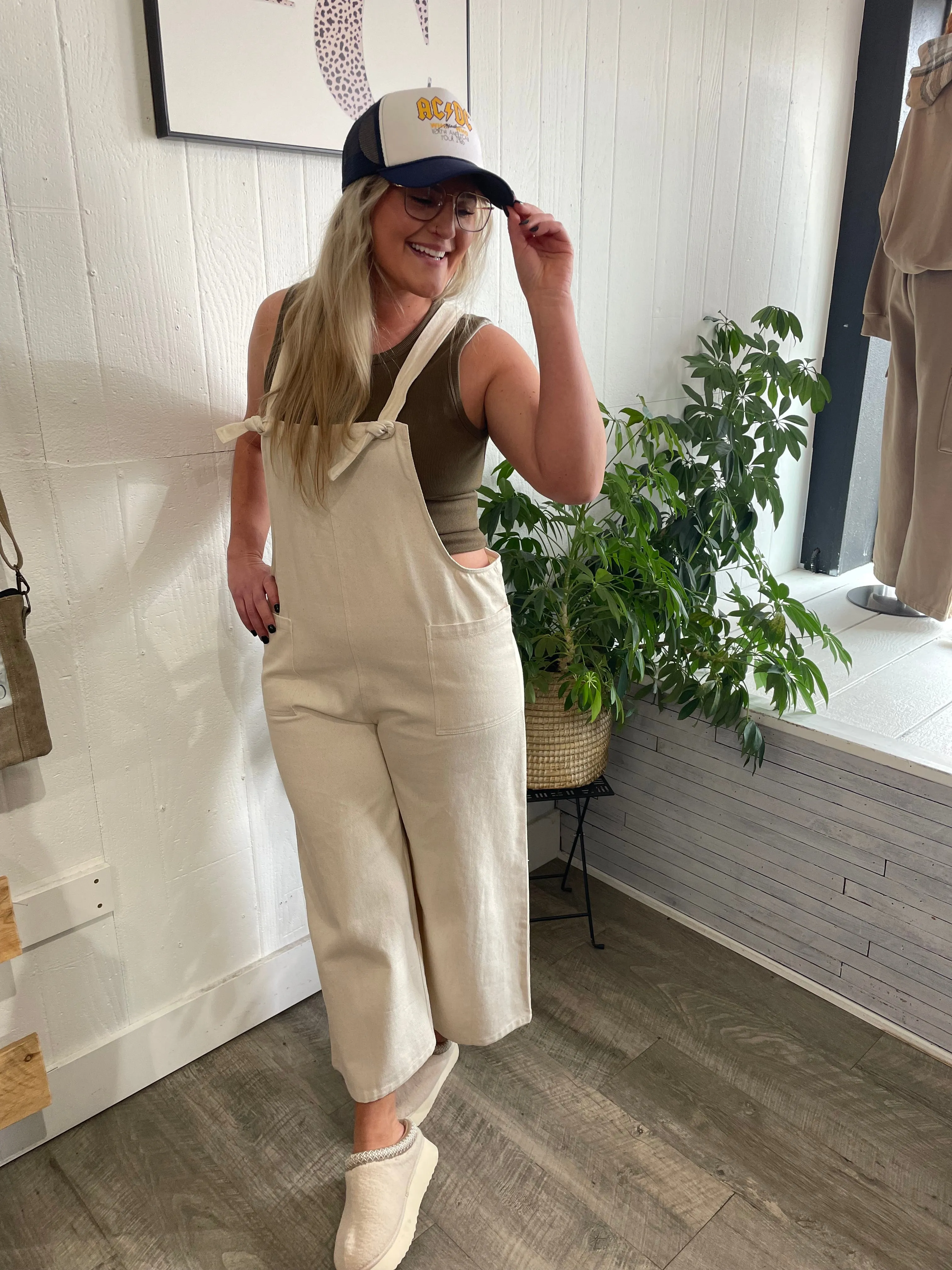 Tie Shoulder Strap Patch Pocket Overalls