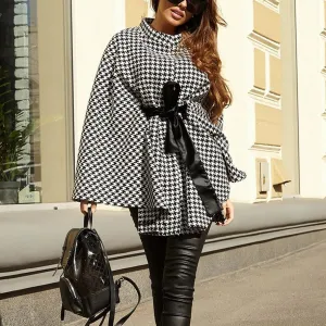 Women plaid bowknot strap long sleeve cape coat