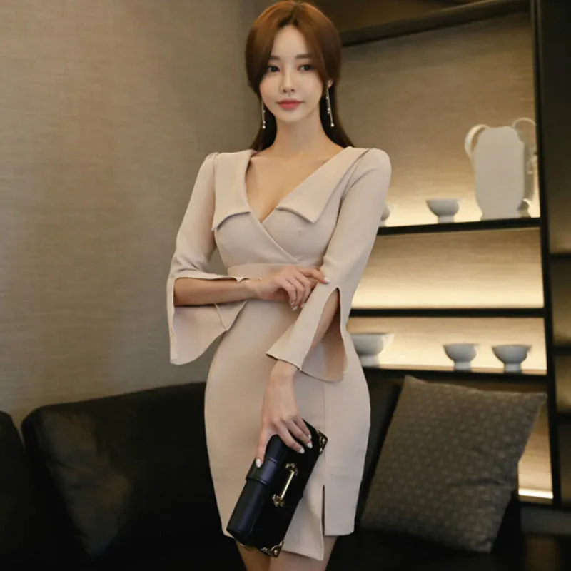 Women's Summer Polyester V-Neck Sheath High-Waist Dress